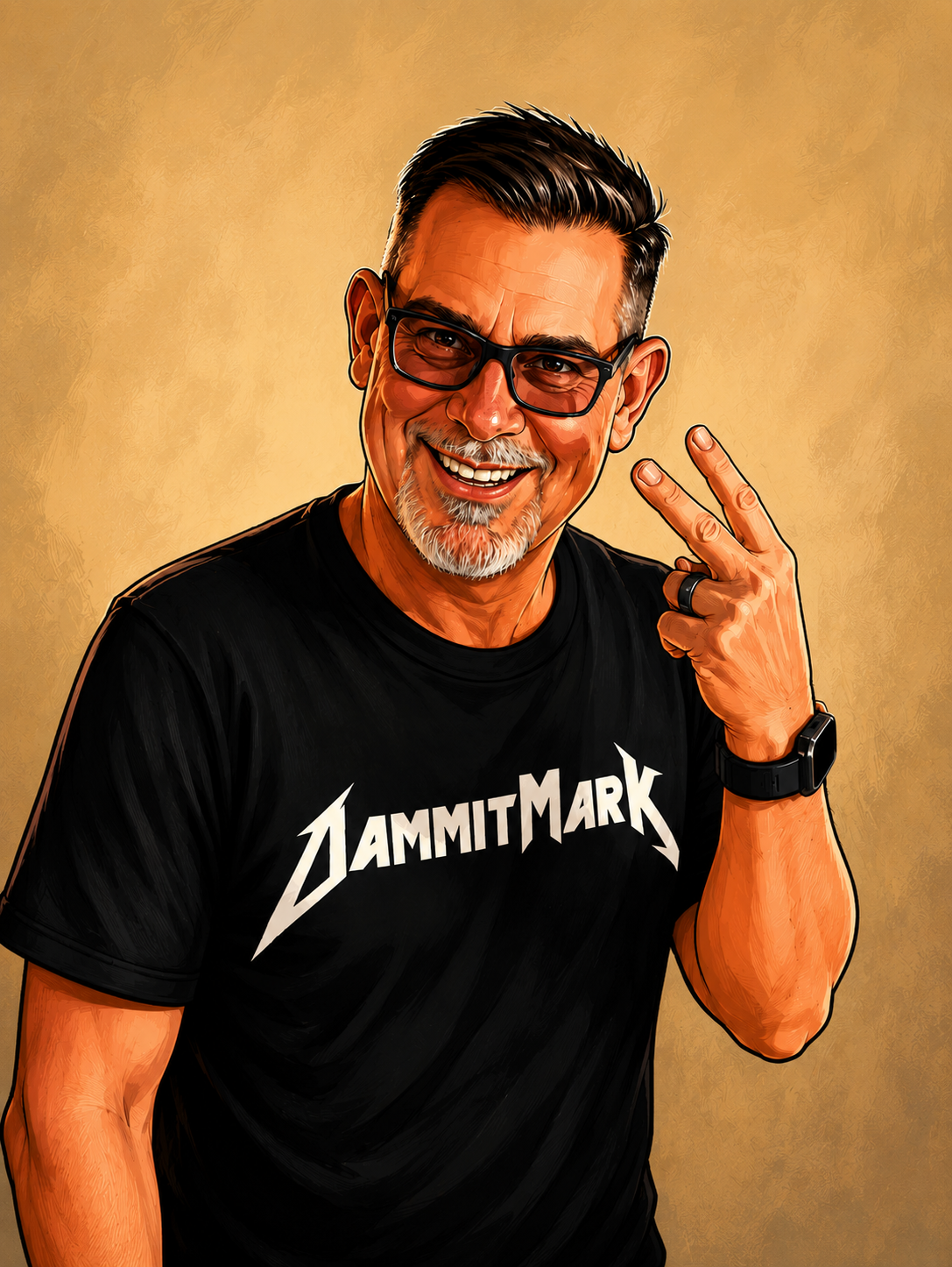 Mark wearing a DammitMark shirt, flashing a peace sign